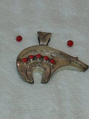 Georg Jensen Sterling Silver & Coral Pendant & Coral Earrings